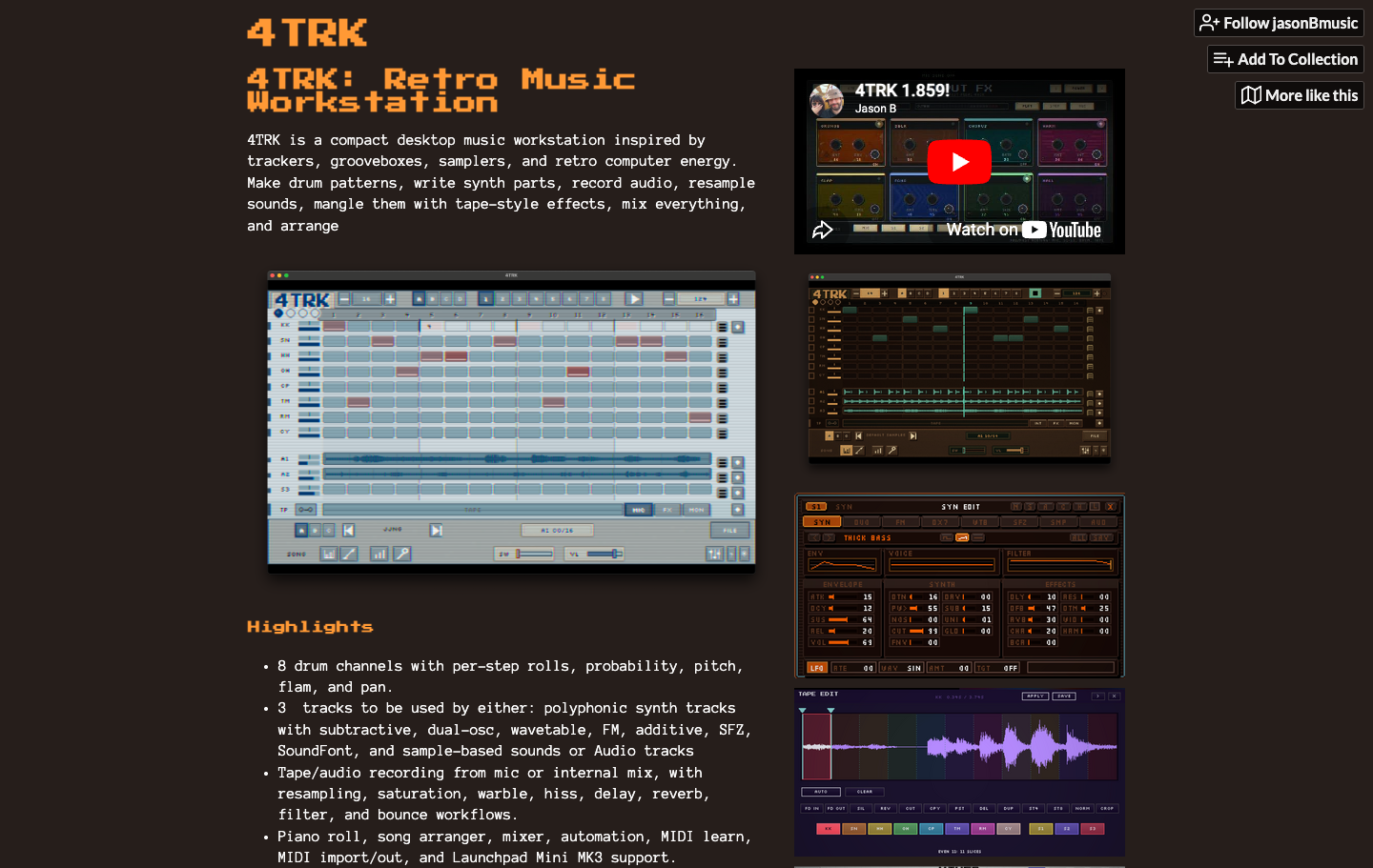 4TRK itch.io page — studio interface