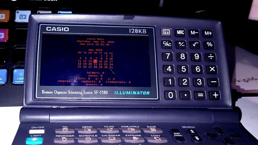 Casio SF-5580 retrofit — open with calendar UI on LCD