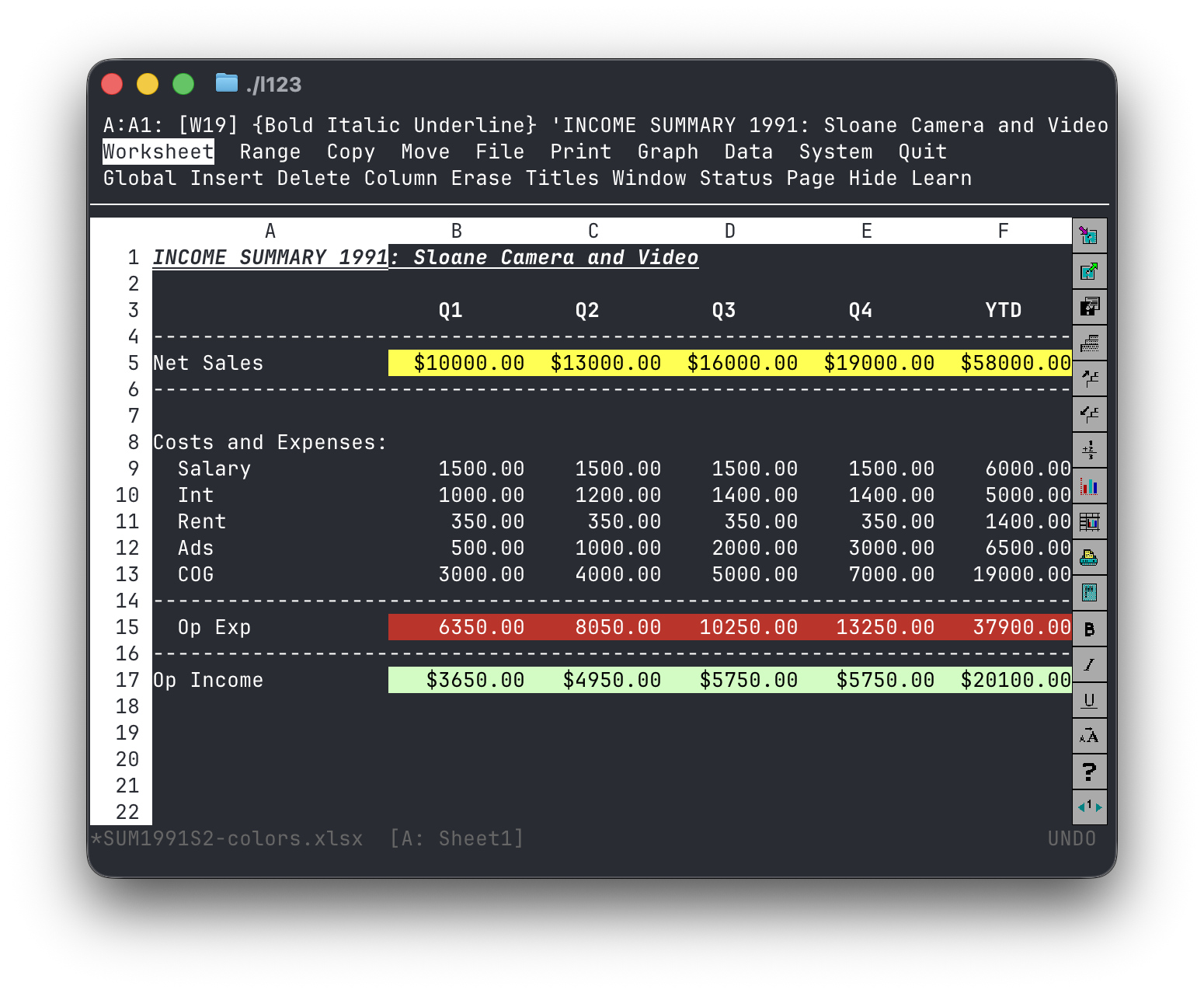 l123 running in iTerm — Lotus 1-2-3 R3.4a recreation