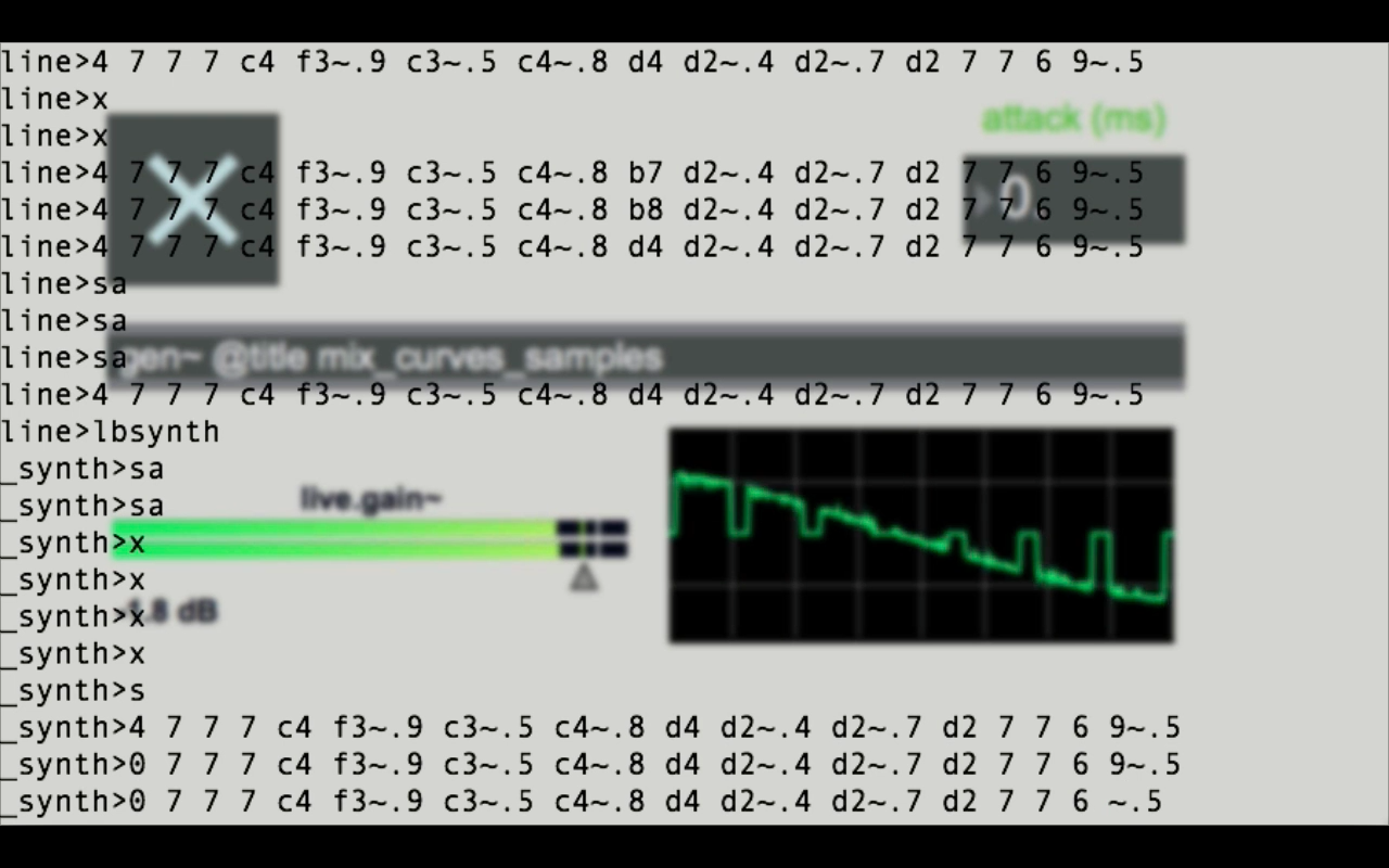 line — 7 instances live-coding, 1 synth + 6 CC